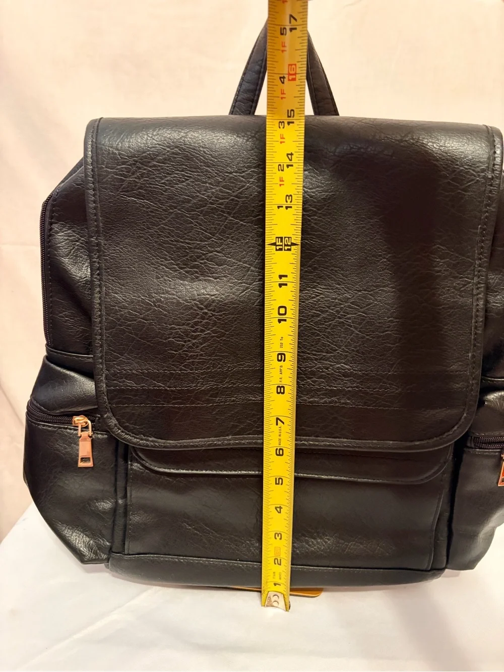 NWT Black Faux Leather Backpack with Front Flap & Zip Side Pockets.